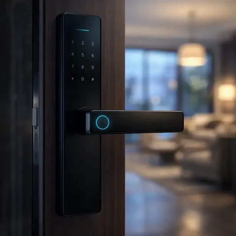 Fechadura Kuanttum Delta Pro em porta de madeira